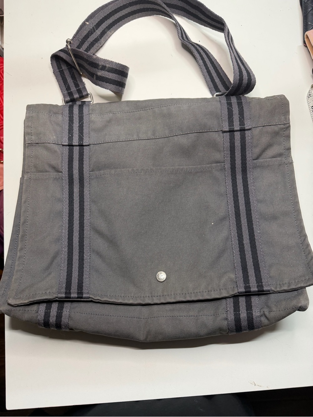Hermes Gray Canvas Messenger Bag with Striped Webbing